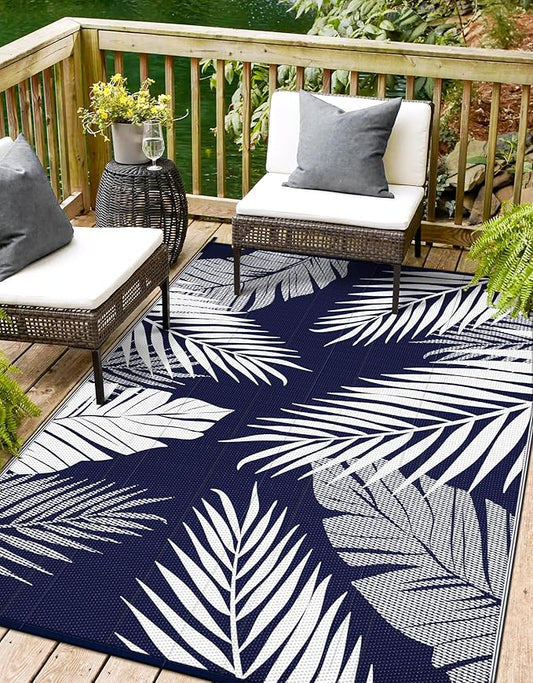Outdoor Rug 8' x 10' for Patio Waterproof Clearance, Reversible Indoor Outdoor Plastic Straw Camping Rug Carpet, RV Mat, Large Area Rug for Deck, Backyard, Balcony, Porch, Navy Blue and White