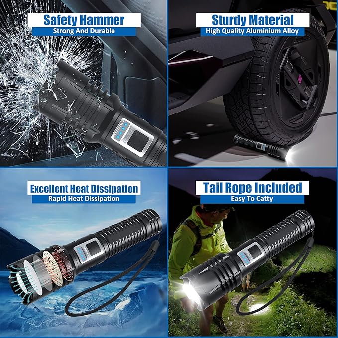 Rechargeable LED Flashlights high lumens,100000 Lumens Super Bright Tactical Flashlights,Waterproof Handheld Flashlight with 5 Mode,Built-in Battery,Zoomable for Emergencies Camping