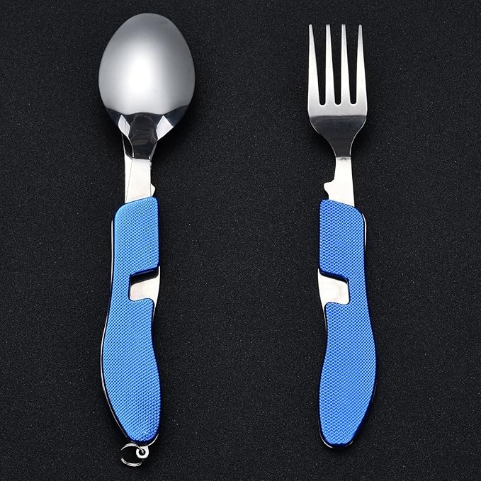Camping Silverware Set HIKENTURE 4-In-1 Stainless Steel Hobo Knife Fork Spoon Bottle Opener with Storage Case (Blue)