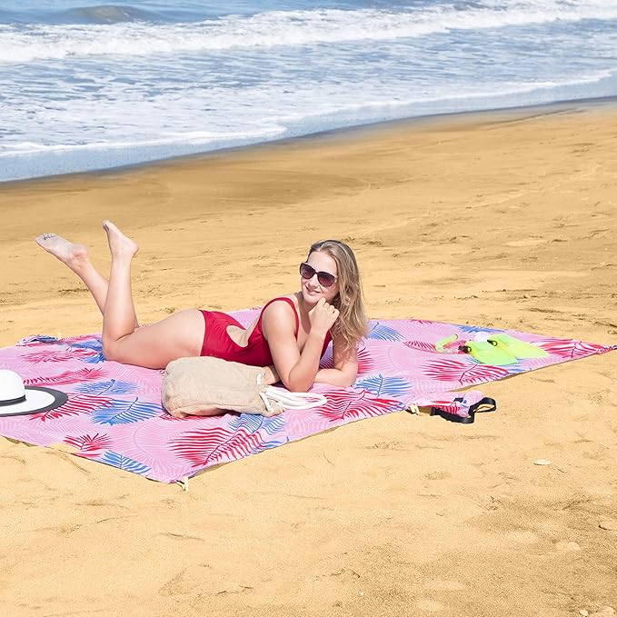 Lightweight Beach Blanket - Oversized 107" x 77" - Waterproof Sandproof - Double Anchored for Fun Leisure Beach Blanket - with Stake and Pouch - Durable Sand Beach Mat