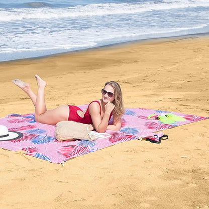 Lightweight Beach Blanket - Oversized 107" x 77" - Waterproof Sandproof - Double Anchored for Fun Leisure Beach Blanket - with Stake and Pouch - Durable Sand Beach Mat