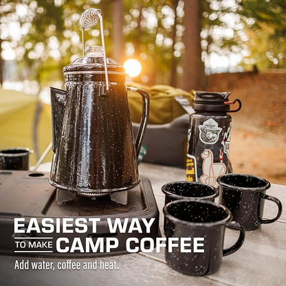 COLETTI Classic Camping Coffee Pot & Mug Set - Percolator Coffee Pot, Enamel Mug Complete Nostalgic Bundle German Imported Enamel Powder [12 oz, Set of 4] (Black)