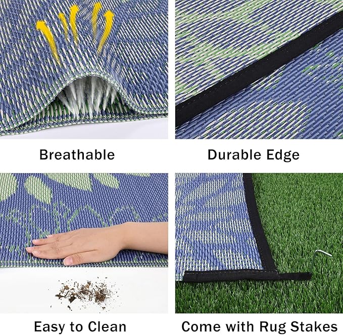 Ileading Reversible Outdoor Rug 9x12Ft Waterproof Patio Rug Carpet Portable Outdoor Plastic Straw Rug Large RV Camping Mat Rug for Patio, Clearance, Deck, Beach, Porch, Camping, Picnic, Colorful