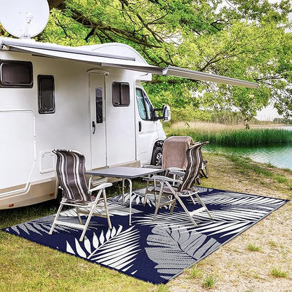 GENIMO Outdoor Rug 6' x 9' Waterproof for Patios Clearance, Reversible Outdoor Plastic Straw Camping Rug Carpet, Large Area Rugs Mats for RV, Camper, Deck, Balcony, Porch, Beach, Navy Blue&White
