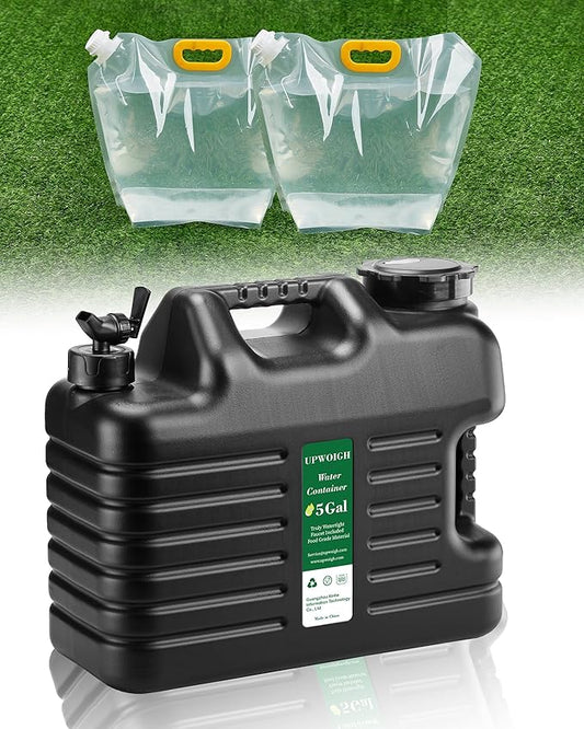 5 Gallon Water Jug(16x13.2x7in)and 2.6Gal Collapsible Water Bag Set of 2,BPA Free Water Tank Overlanding Gear Containers, Camping Essential Leak-Proof Black Portable Water Storage, Outdoors Hiking RV
