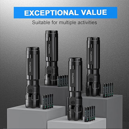 WdtPro 4 Pack LED Flashlights, Bright Flashlight with 16 AAA Batteries, Super Long Battery Life, Single Mode, High Lumens, EDC Flash Lights for Emergencies, Hurricane Supplies, Camping