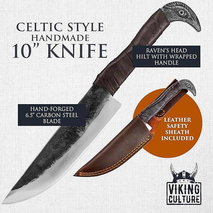 2-Piece Viking Knife Set - 10.3" Raven-Head Viking Knife with 6.5" Blade & Leather Sheath - 3" Celtic Pocket Knife with Necklace Case - Sharp Hand-Forged Real Carbon Steel