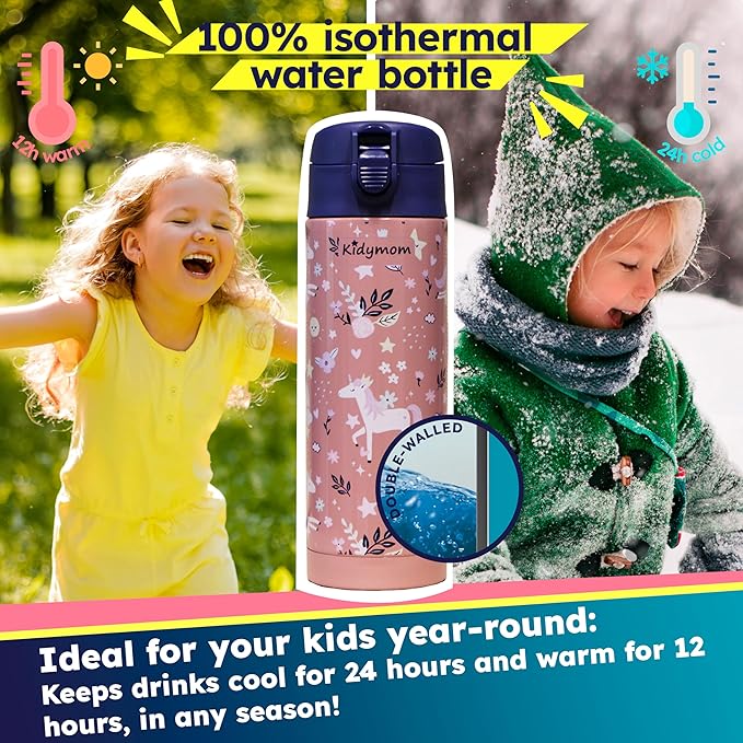 Stainless Steel Water Bottle Kids 12 oz With Carrying Pouch| Insulated Water Bottle For Kid, Toddler, Girls or Teen | Leakproof, BPA-Free |Little Metal Tumbler for School, Pink Unicorn Girl