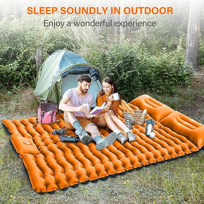 Double Camping Sleeping Pad, Self Inflatable 4'' Extra-Thick 2 Person Pillow Built-in Foot Pump Ultralight Sleeping Mat for Backpacking Tent, Hiking, Traveling-Orange