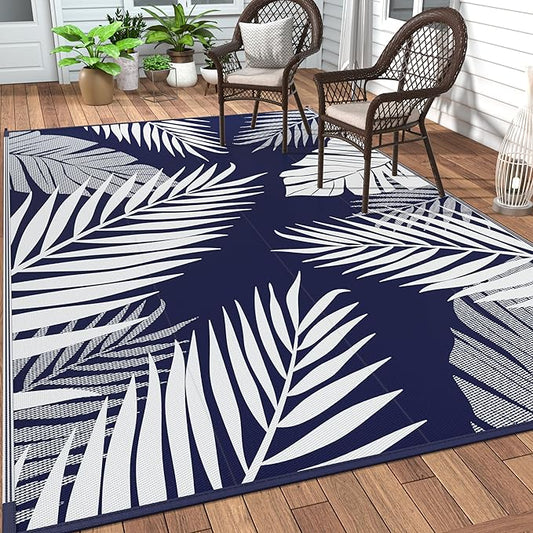 GENIMO Outdoor Rug 6' x 9' Waterproof for Patios Clearance, Reversible Outdoor Plastic Straw Camping Rug Carpet, Large Area Rugs Mats for RV, Camper, Deck, Balcony, Porch, Beach, Navy Blue&White