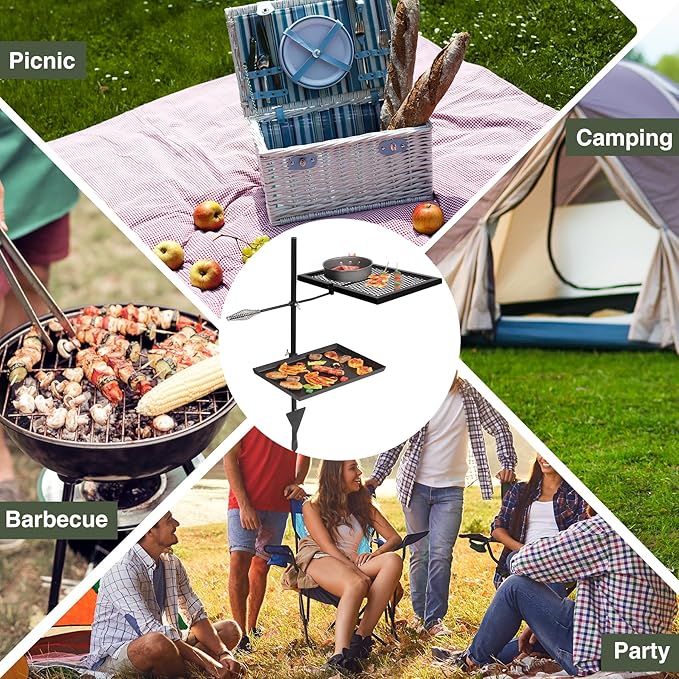 REDCAMP Swivel Campfire Grill Skillet Combo, Portable Heavy Duty Camping Grill Grate with Carrying Bag for Outdoor Fire pit Open Flame Cooking