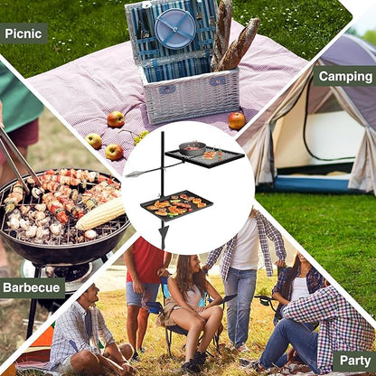 REDCAMP Swivel Campfire Grill Skillet Combo, Portable Heavy Duty Camping Grill Grate with Carrying Bag for Outdoor Fire pit Open Flame Cooking