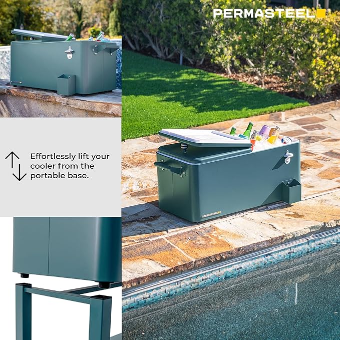 Permasteel 80-Qt Outdoor Patio Cooler with Removable Basin, Outside Beverage Cooler Cart, Rolling Cooler with Wheels and Handles, Teal Green