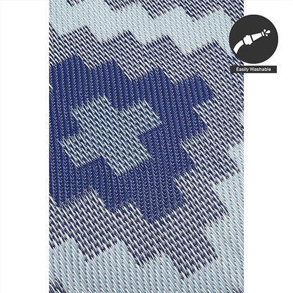 FH Home Outdoor Rug - Waterproof, Fade Resistant, Reversible - Premium Recycled Plastic - Geometric - Patio, Deck, Porch, Balcony, Laundry Room - Aztec Kilim - Blue Multi Crease Free - 5 x 8 ft