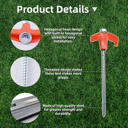 16 Pack Tent Stakes Heavy Duty, 8" Screw in Tent Stakes, 2024 New Tent Stakes for Outdoor Camping, Metal Threaded Tent Spikes with Hex Head Driver and Storage Box