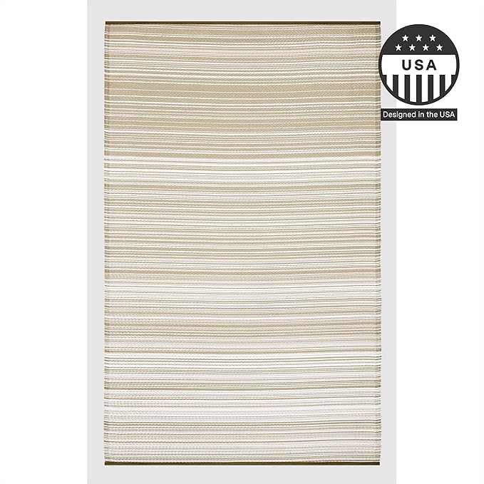 FH Home Outdoor Camping Rug - Waterproof, Fade Resistant, Reversible - Premium Recycled Plastic - Striped - Large Patio, Deck, Sunroom, RV - Havana - Beige - 9 x 12 ft Foldable
