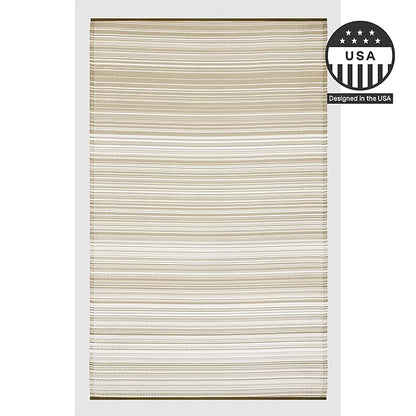 FH Home Outdoor Camping Rug - Waterproof, Fade Resistant, Reversible - Premium Recycled Plastic - Striped - Large Patio, Deck, Sunroom, RV - Havana - Beige - 9 x 12 ft Foldable