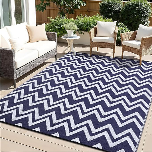 OLANLY Waterproof Outdoor Rug 8x10 ft Clearance, Reversible Outdoor Plastic Straw Rug, RV Mat, Indoor Outdoor Carpet for Patio, Camping, Balcony, Deck, Backyard, Navy & White