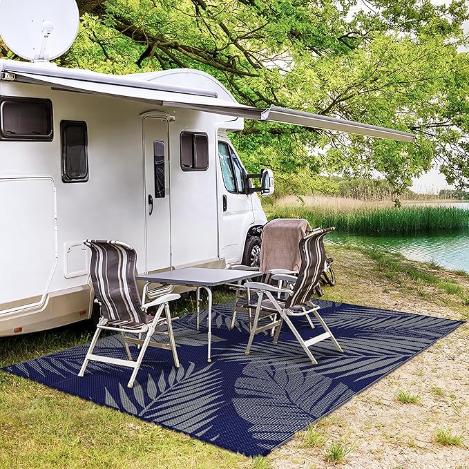 GENIMO Outdoor Rug 8' x 10' Waterproof for Patios Clearance, Reversible Outdoor Plastic Straw Camping Rug Carpet, Large Area Rugs Mats for RV, Camper, Deck, Balcony, Porch, Beach, Navy Blue&Grey