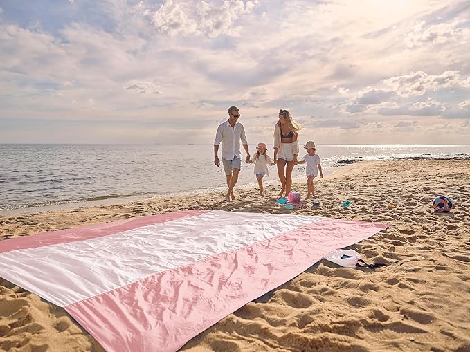 WEKAPO Beach Blanket Sandproof, Extra Large Beach Mat, Big & Compact Sand Free Mat Quick Drying, Lightweight & Durable with 6 Stakes & 4 Corner Pockets