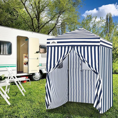EAGLE PEAK EAGLE PEAK Flex Ultra Compact Pop-up Canopy, Sun Shelter, Changing Room, Portable Privacy Canopy Cabana, 5x5ft Canopy Tent, for Pool, Fashion Photoshoots, or Camping White/Blue