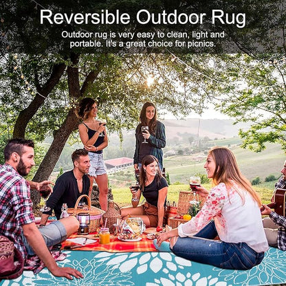Ileading Reversible Outdoor Rug 6x9Ft Waterproof Patio Rug Carpet Portable Outdoor Plastic Straw Rug Large RV Camping Mat Rug for Patio, Clearance, Deck, Beach, Porch, Camping, Picnic, Flower Teal