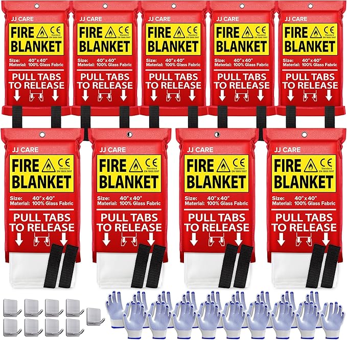 JJ CARE Fire Blanket – 9 Packs with Hooks and Gloves – Emergency Fire Blanket for Home & Kitchen, High Heat Resistant Fire Suppression Blankets for Home Safety, Kitchen, and Camping