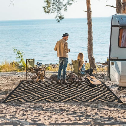 GENIMO Outdoor Rug for Patio Clearance, 6'x9' Waterproof Camping Mat, Reversible Plastic Straw Rugs for RV, Camper, Balcony, Backyard, Picnic, Deck (Mix Black Brown)