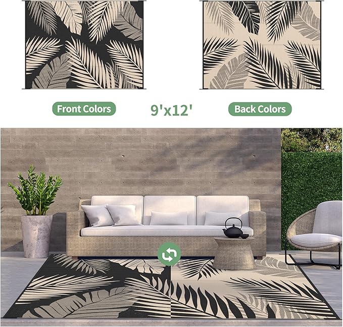 GENIMO Outdoor Rug 9' x 12' Waterproof for Patios Clearance, Reversible Outdoor Plastic Straw Camping Rug Carpet, Large Area Rugs Mats for RV, Camper, Deck, Balcony, Porch, Beach, Picnic, Black&Beige