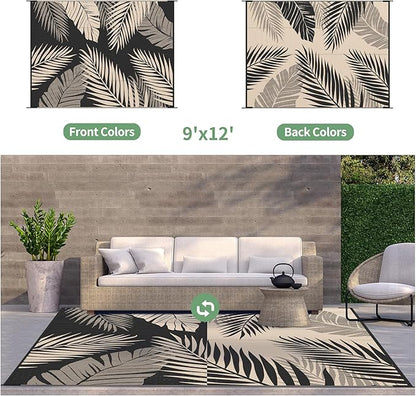 GENIMO Outdoor Rug 9' x 12' Waterproof for Patios Clearance, Reversible Outdoor Plastic Straw Camping Rug Carpet, Large Area Rugs Mats for RV, Camper, Deck, Balcony, Porch, Beach, Picnic, Black&Beige