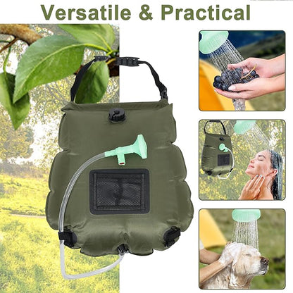Solar Shower Bag 5 Gallon,Portable Green Camping Shower Bag, 1 Pack Camping Shower Kit with Hose, On-Off Switchable Head for Beach, Swimming, Travel, Hiking