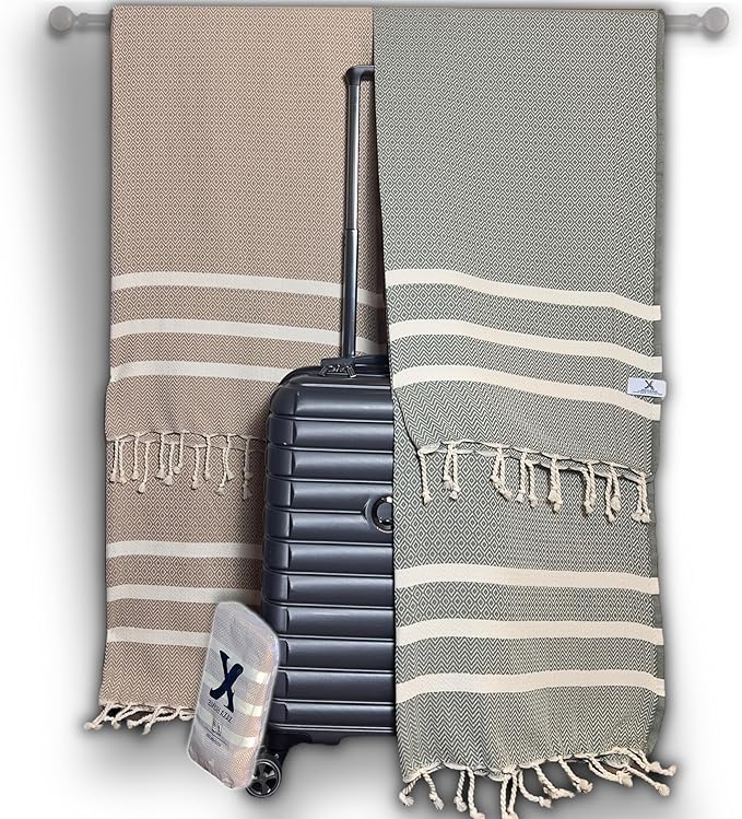 2 Set Oversized Turkish Bath Towel Sheets for Adults XXL Bathroom Extra Large Luxury Cotton Pool Peshtemal Washable Good Texture, Absorbency, Softness (Caramel Beige and Khaki Green)