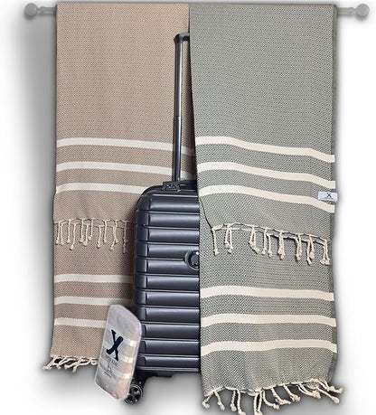 2 Set Oversized Turkish Bath Towel Sheets for Adults XXL Bathroom Extra Large Luxury Cotton Pool Peshtemal Washable Good Texture, Absorbency, Softness (Caramel Beige and Khaki Green)