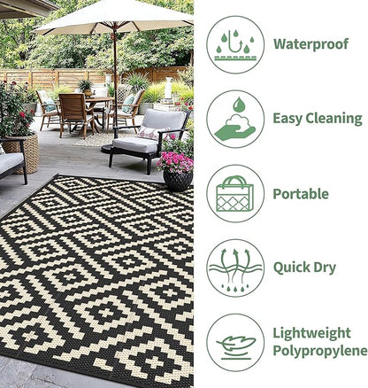 Outdoor Rug for Patio - Waterproof Plastic Straw Camping Rugs 4x6 ft, Reversible Outdoor Indoor RV Mat Carpet for Patio, Porch, Deck, Balcony, Picnic, Beach, Black Beige