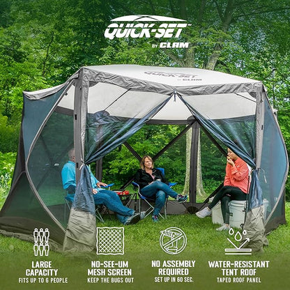 CLAM Quick-Set Escape Sport 11.5’ x 11.5’ Pop-Up Outdoor Camping Gazebo Instant Screen Tent 6-Sided Canopy Shelter with 6 Wind and Sun Panels, Gray