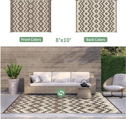 GENIMO Outdoor Rug Waterproof 8x10 ft, Lightweight Plastic Straw Rugs, Outside Reversible Large Mat Carpet for Patio, Camping, RV, Deck, Balcony, Porch, Backyard, Coffee & Beige