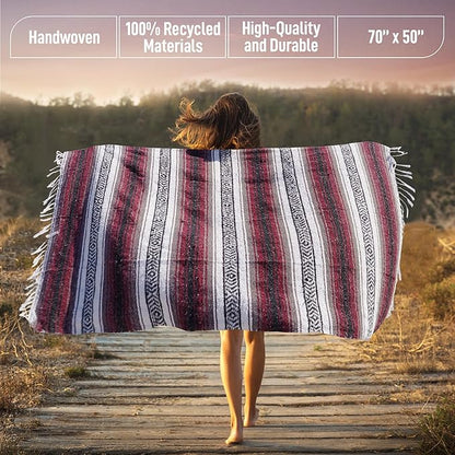 Authentic Large Handwoven Mexican Blanket - Soft Yoga Blanket - Durable Serape Blanket - Lightweight Falsa Blanket, Beach Blanket, Camping Blanket, Picnic Blanket, Outdoor Blanket 70"x50" - Cherry
