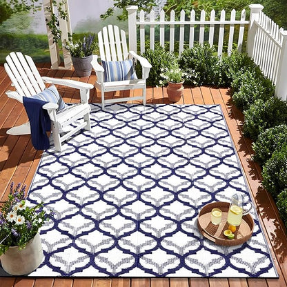 OLANLY Reversible Outdoor Rug 5x8 ft Clearance, Waterproof Outdoor Plastic Straw Rug with Interlacing Pattern, RV Mat for Patio, Camping, Balcony, Deck, Backyard, Navy & White