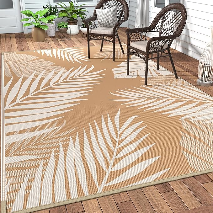 GENIMO Outdoor Rug 6' x 9' Waterproof for Patios Clearance, Reversible Outdoor Plastic Straw Camping Rug Carpet, Large Area Rugs Mats for RV, Camper, Deck, Balcony, Porch, Beach, Picnic, Brown&Beige