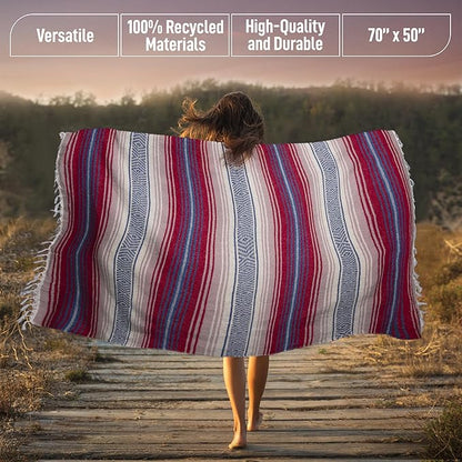 Authentic Large Handwoven Mexican Blanket - Soft Yoga Blanket - Durable Serape Blanket - Lightweight Falsa Blanket, Beach Blanket, Camping Blanket, Picnic Blanket, Outdoor Blanket 70"x50" - Coral