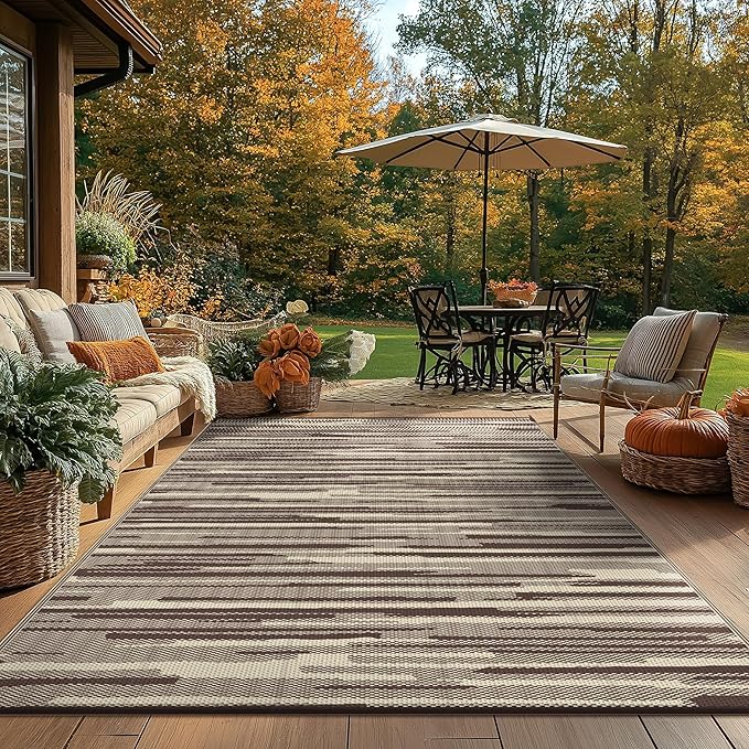 GENIMO Outdoor Rug for Patio Clearance, 6'x9' Waterproof Camping Mat, Reversible Plastic Straw Rugs for RV, Camper, Balcony, Backyard, Picnic, Deck (Coffee Beige)