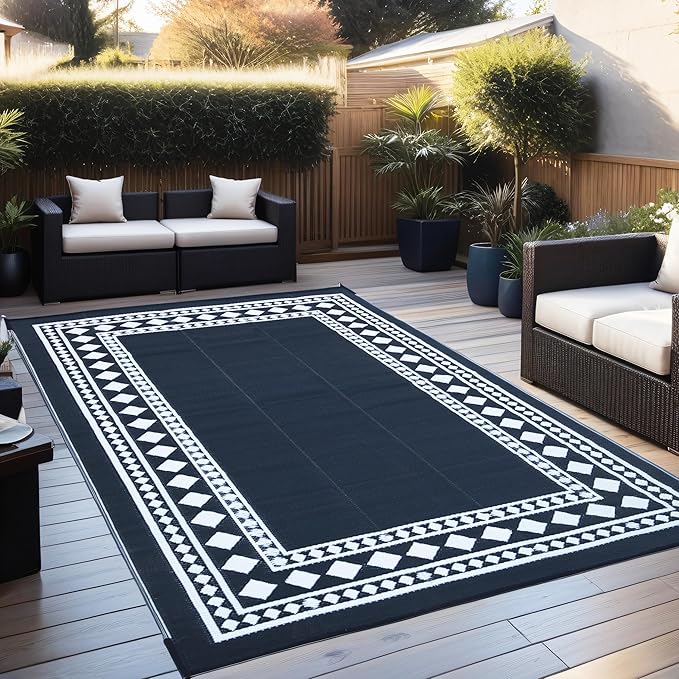 RURALITY Outdoor Rugs 5x8 Waterproof for Patios Clearance,Plastic Straw Mats for Backyard,Porch,Deck,Balcony,Black and White