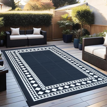 RURALITY Outdoor Rugs 5x8 Waterproof for Patios Clearance,Plastic Straw Mats for Backyard,Porch,Deck,Balcony,Black and White