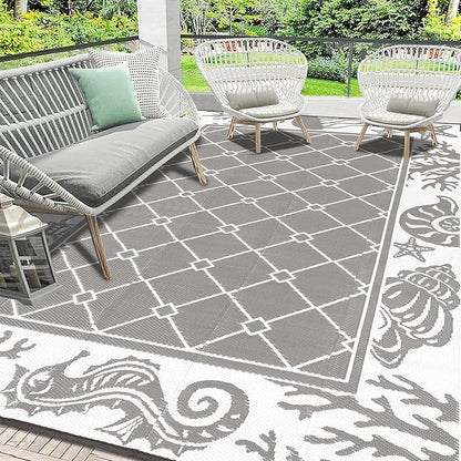 Vaukki Reversible Rugs, Plastic Straw Outdoor Doormat, Fade Resistant Plastic Outdoor Patio Mat, Lightweight Ocean Area Carpet for Patio, RV, Camping, Beach, Deck, Backyard and Picnic (Grey, 6'x9')
