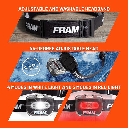 FRAM FAC40008 Headlamp Flashlight with White & Red Light, Comfortable Headband, Survival Gear, Waterproof lamp.