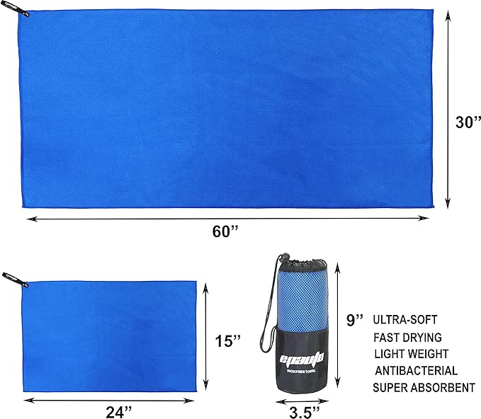 EPAuto Microfiber 2-Pack Fast Drying Towels (60" x30'') with Face/Hand Towel (24" X15'') for Travel, Beach, Backpacking, Camping and Gym
