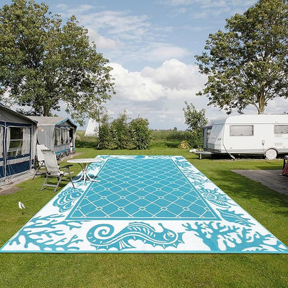 Vaukki Reversible Rugs, Plastic Straw Outdoor Doormat, Fade Resistant Plastic Outdoor Patio Mat, Lightweight Ocean Area Carpet for Patio, RV, Camping, Beach, Deck, Backyard and Picnic (Teal, 9'x12')