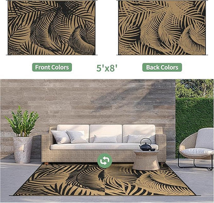 GENIMO Outdoor Rug 5' x 8' Waterproof for Patio Clearance, Reversible Plastic Straw Camping Carpet, Lightweight Mats for Rv, Backyard, Deck, Porch, Picnic, Beach, Balcony, Black & Brown
