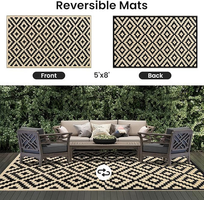 Smiry Waterproof Outdoor Rug 5x8 ft, Reversible Plastic Straw Patio Camping Rugs, Outdoor Indoor RV Mat Carpet for Patio, Outside Entry, Backyard, Deck, Bench, Picnic, Camper, Black & Beige