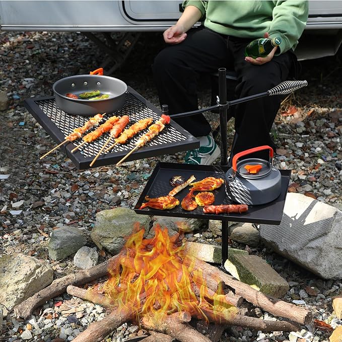 REDCAMP Swivel Campfire Grill Skillet Combo, Portable Heavy Duty Camping Grill Grate with Carrying Bag for Outdoor Fire pit Open Flame Cooking